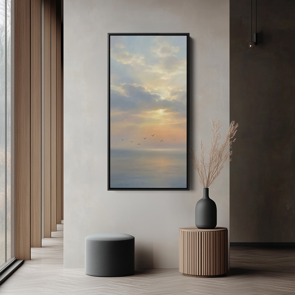 Vertical Wall Art Soft Sky Over Calm Sea Tall Canvas For Living Room