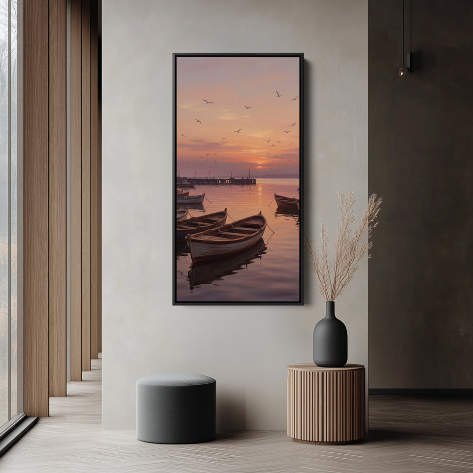 Boats Harbour Sunset Narrow Wall Art Framed Canvas Print For Bedroom