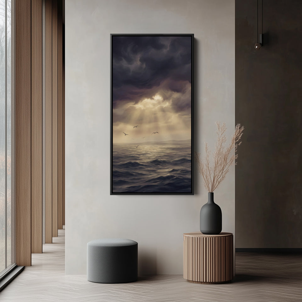 Tall Narrow Canvas For Office Storm Clouds Sunbeams Sea Vertical Canvas
