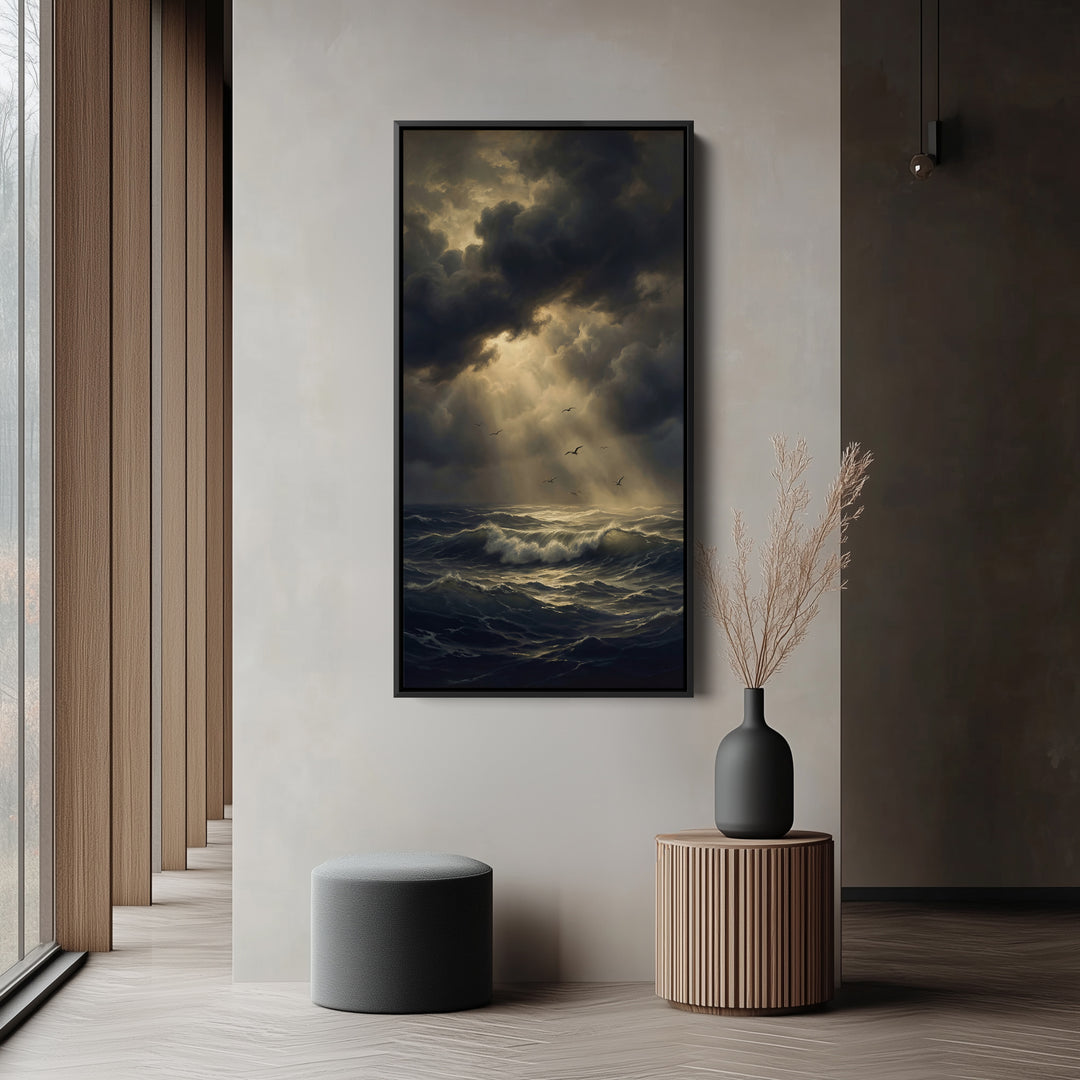 Dramatic Storm Ocean Sun Rays Tall Narrow Canvas Framed Canvas Print For Bedroom