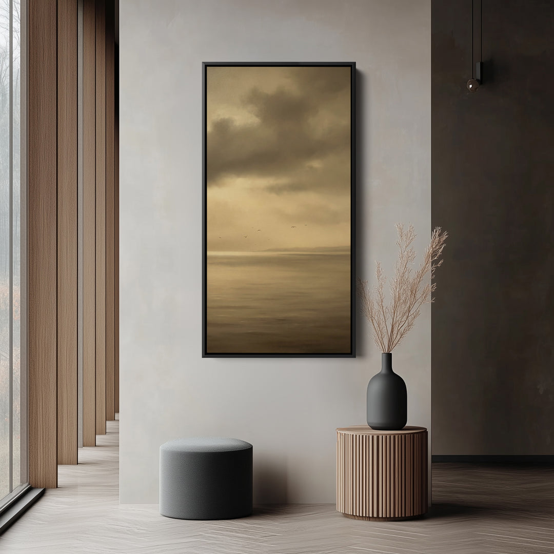 Tall Framed Canvas Muted Seascape With Birds Portrait Wall Art For Kitchen