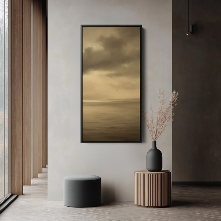 Tall Framed Canvas Muted Seascape With Birds Portrait Wall Art For Kitchen