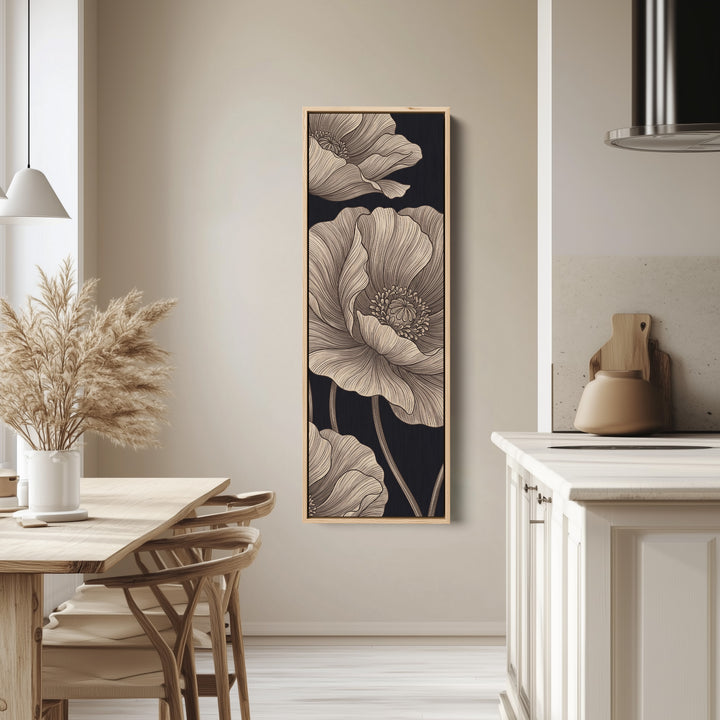 Vertical Wall Art Line Drawn Poppies on Black for Living Room tall canvas in an oak frame, hung in a bright kitchen