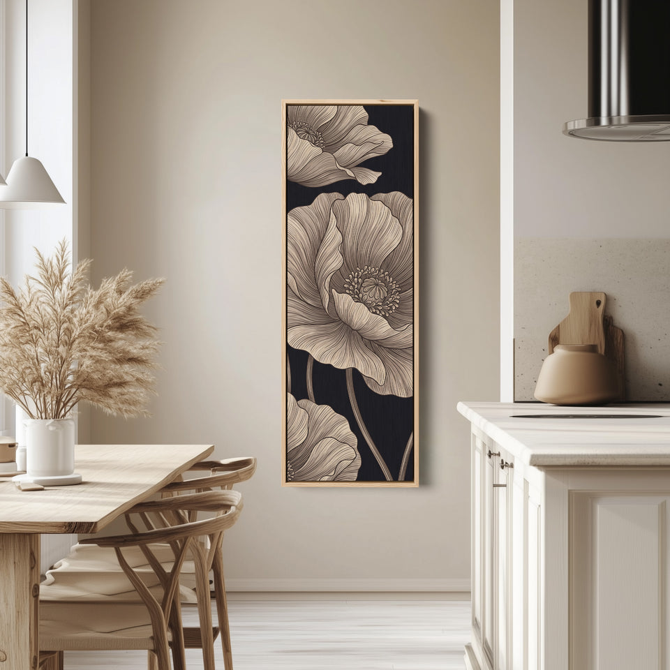 Vertical Wall Art Line Drawn Poppies on Black for Living Room tall canvas in an oak frame, hung in a bright kitchen