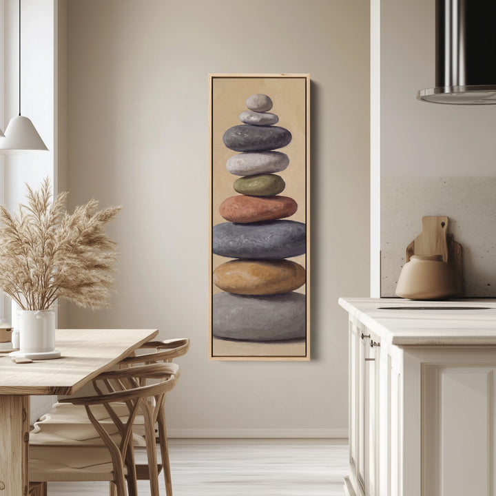 Stacked Stones Tall Wall Art for Bedroom Calm Neutral Canvas tall canvas in an oak frame, hung in a bright kitchen