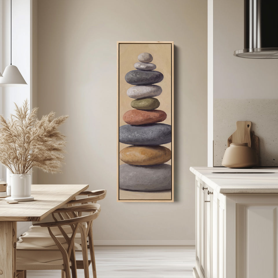 Stacked Stones Tall Wall Art for Bedroom Calm Neutral Canvas tall canvas in an oak frame, hung in a bright kitchen