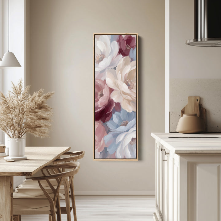 Soft Romantic Peonies Tall Narrow Wall Art for Bedroom tall canvas in an oak frame, hung in a bright kitchen