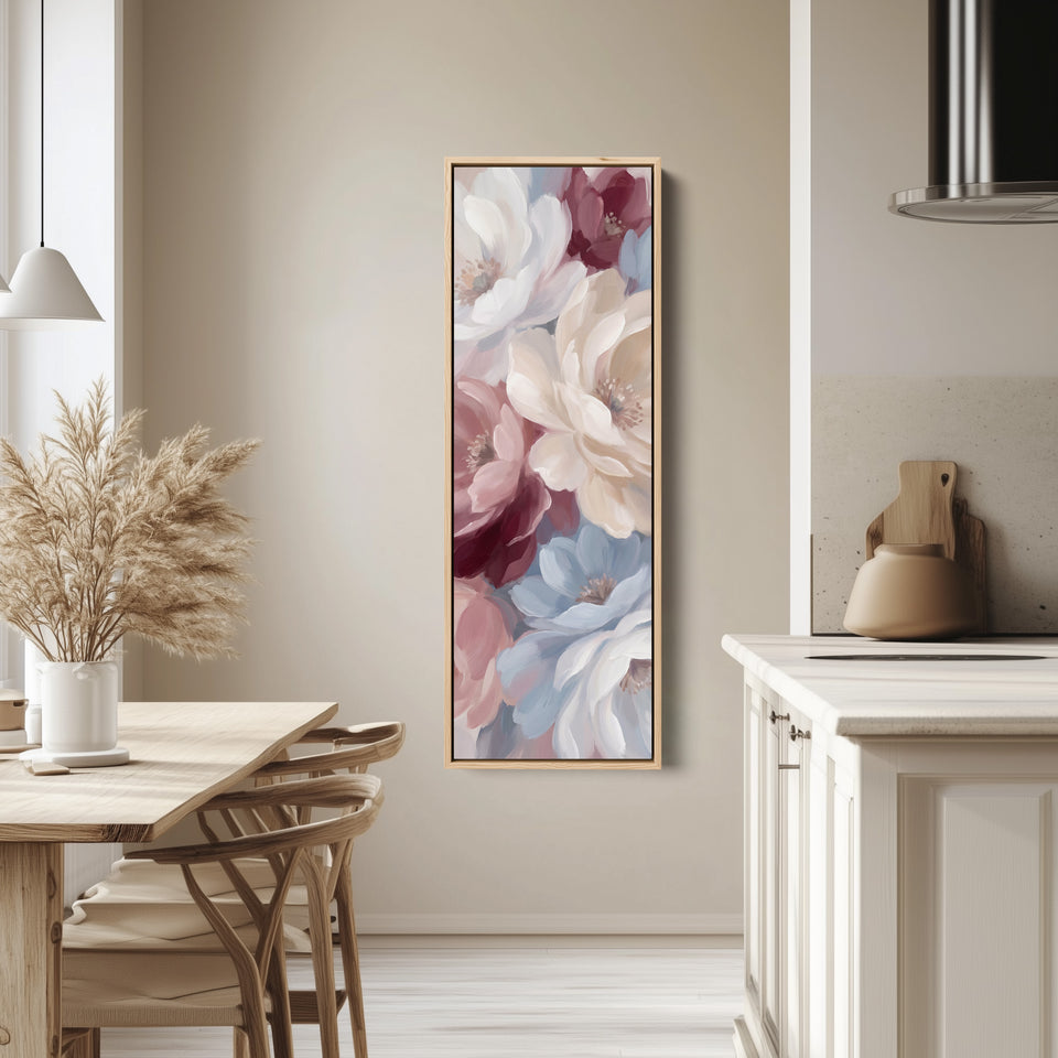 Soft Romantic Peonies Tall Narrow Wall Art for Bedroom tall canvas in an oak frame, hung in a bright kitchen