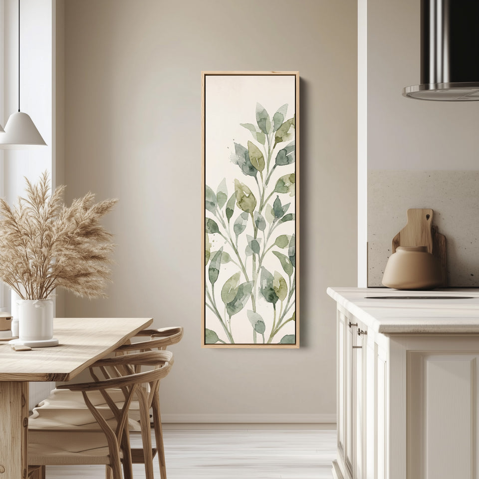 Hallway Wall Art Long Narrow Watercolor Leaf Stems tall canvas in an oak frame, hung in a bright kitchen