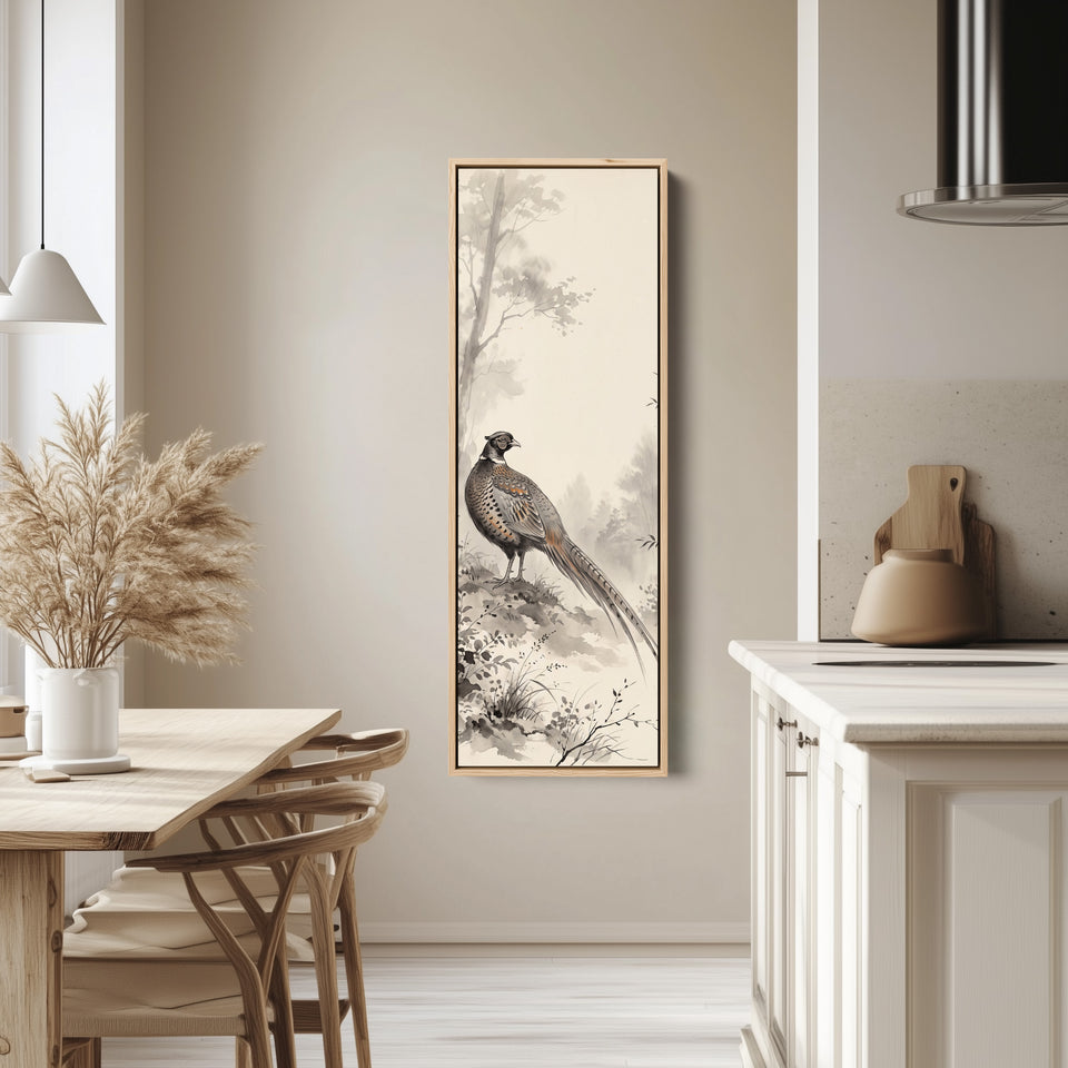 Pheasant in the Mist Vertical Wall Art Japanese Ink Style for Hallway tall canvas in an oak frame, hung in a bright kitchen