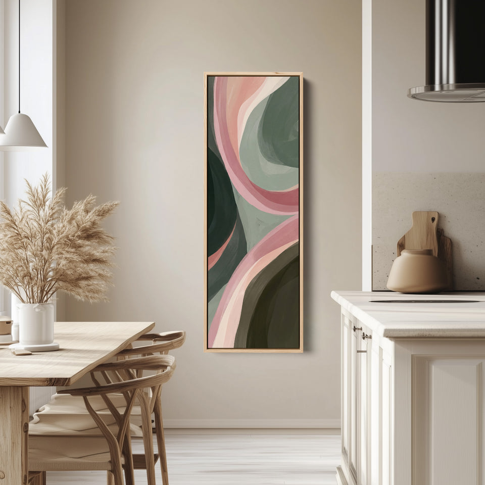 Tall Narrow Wall Art Flowing Pink and Sage Abstract Curves for Bedroom tall canvas in an oak frame, hung in a bright kitchen