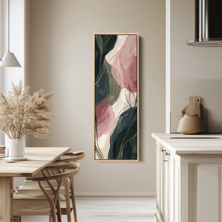 Blush Botanical Abstract Vertical Wall Art for Living Room tall canvas in an oak frame, hung in a bright kitchen