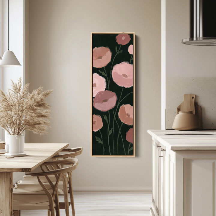 Moody Pink Poppies on Black Tall Wall Art for Dining Room tall canvas in an oak frame, hung in a bright kitchen