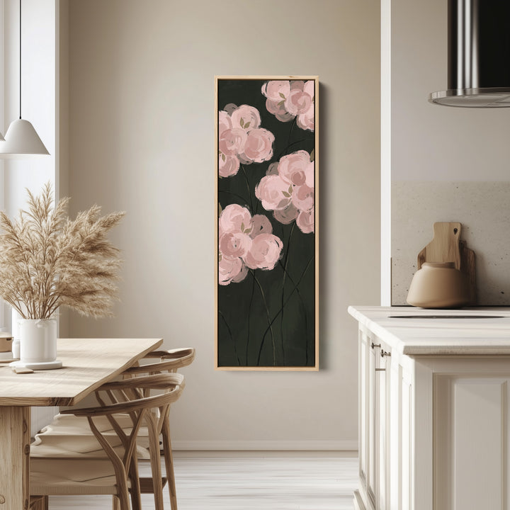 Bedroom Wall Art Tall Narrow Pink Roses on a Dark Background tall canvas in an oak frame, hung in a bright kitchen