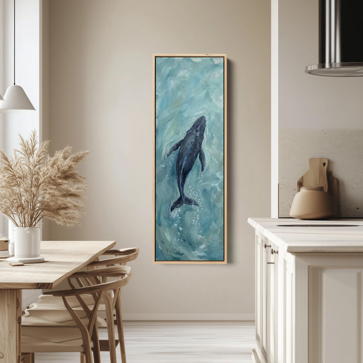 Deep Blue Ocean Diving Whale Long Narrow Wall Art for Bedroom tall canvas in an oak frame, hung in a bright kitchen