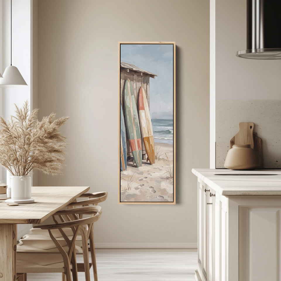 Surfboards by the Beach Shack Vertical Wall Art for Hallway tall canvas in an oak frame, hung in a bright kitchen