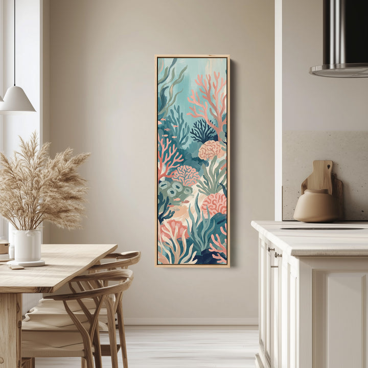 Colourful Underwater Coral Reef Tall Wall Art for Kids Room tall canvas in an oak frame, hung in a bright kitchen