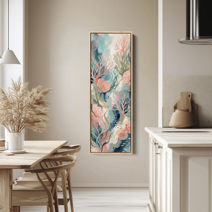 Bedroom Wall Art Tall Narrow Pastel Coral Reef Canvas tall canvas in an oak frame, hung in a bright kitchen