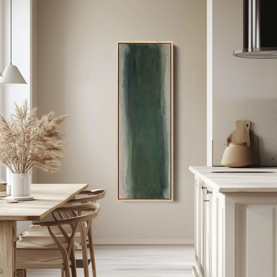 Vertical Wall Art Deep Green Colour Field Abstract for Office tall canvas in an oak frame, hung in a bright kitchen