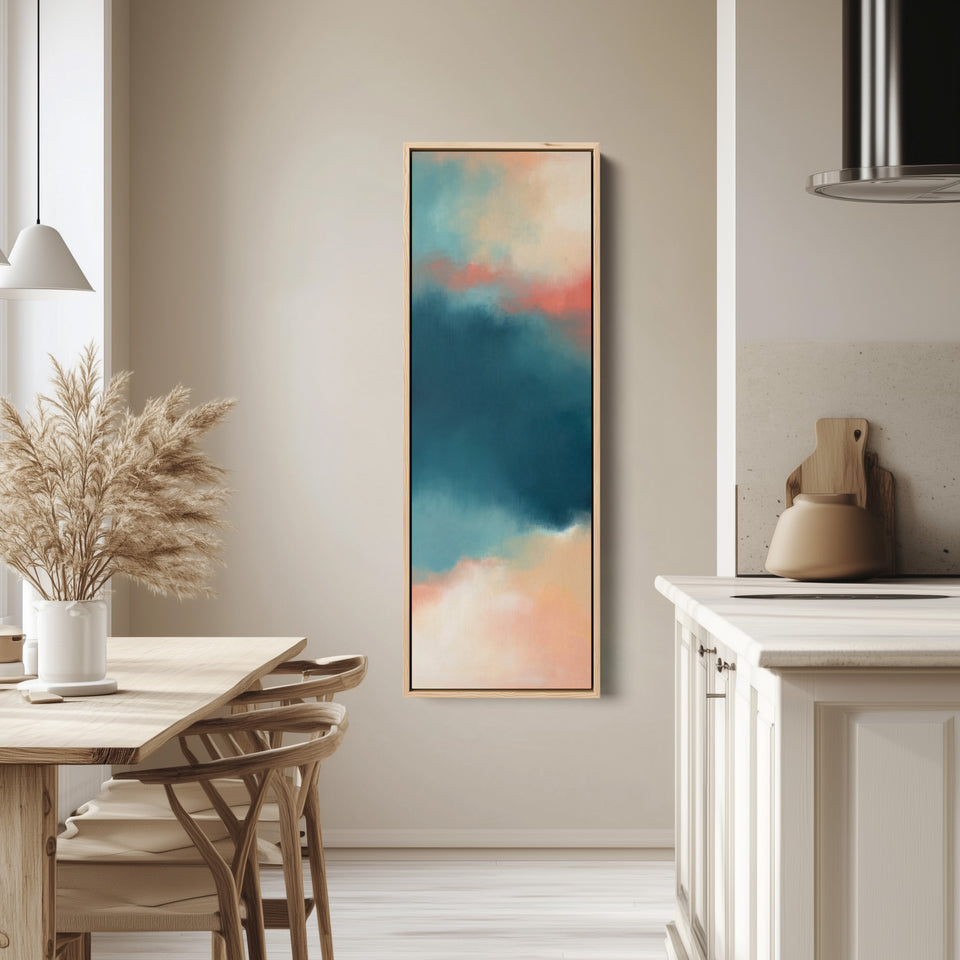 Teal Sky Colour Field Tall Wall Art for Living Room tall canvas in an oak frame, hung in a bright kitchen