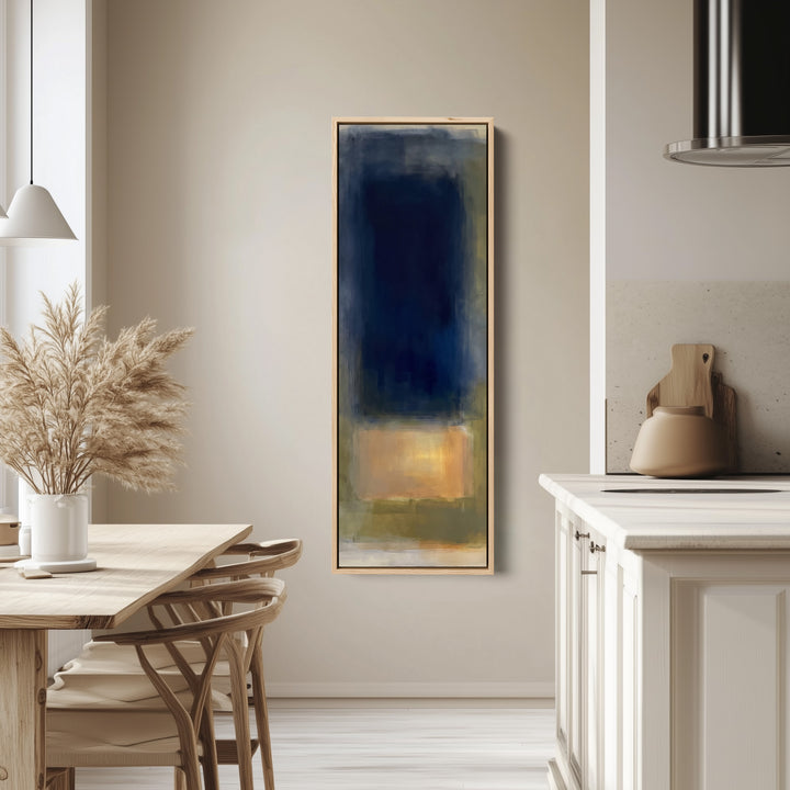 Moody Navy and Gold Colour Field Tall Narrow Wall Art for Office tall canvas in an oak frame, hung in a bright kitchen