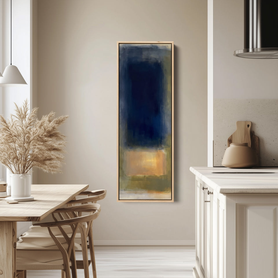 Moody Navy and Gold Colour Field Tall Narrow Wall Art for Office tall canvas in an oak frame, hung in a bright kitchen