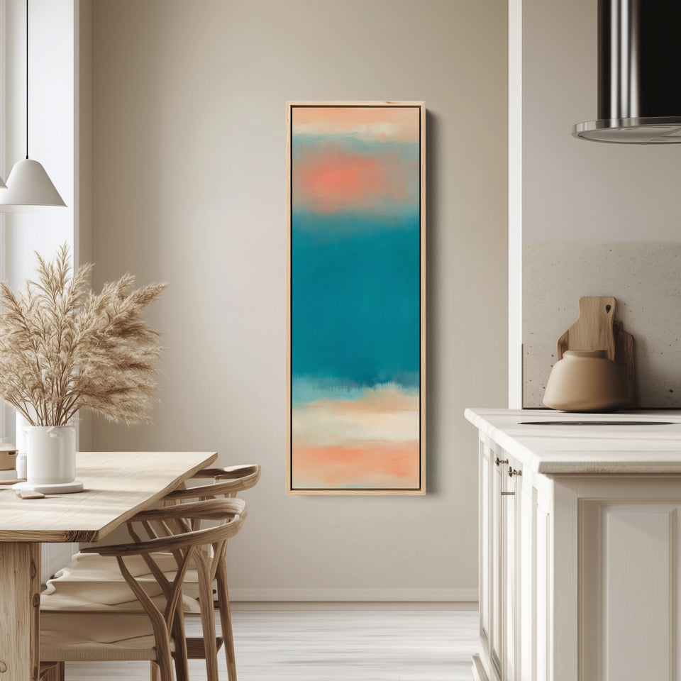 Hallway Wall Art Vertical Teal Sea Abstract with Peach Horizon tall canvas in an oak frame, hung in a bright kitchen