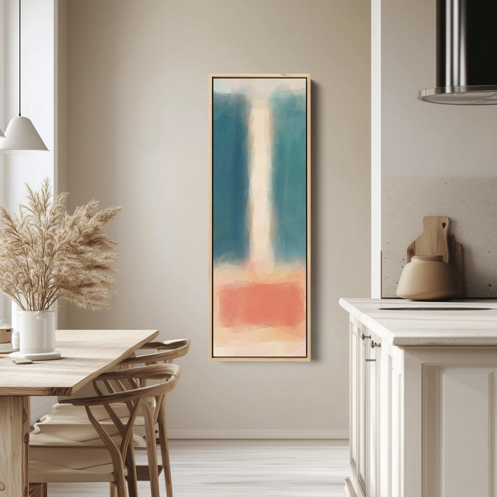 Teal and Peach Abstract Tall Narrow Wall Art for Bedroom tall canvas in an oak frame, hung in a bright kitchen