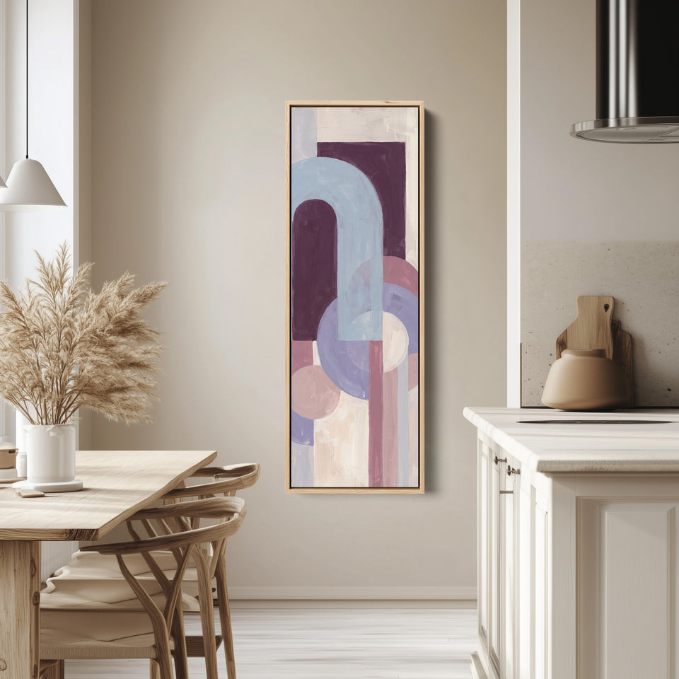 Bedroom Wall Art Tall Bauhaus Arches in Lilac and Plum tall canvas in an oak frame, hung in a bright kitchen