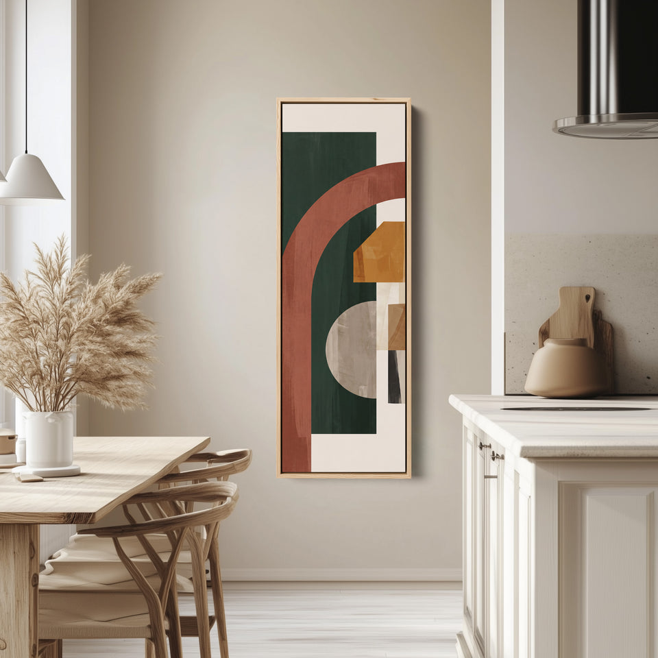 Long Narrow Wall Art Rust Arch on Forest Green Bauhaus for Office tall canvas in an oak frame, hung in a bright kitchen