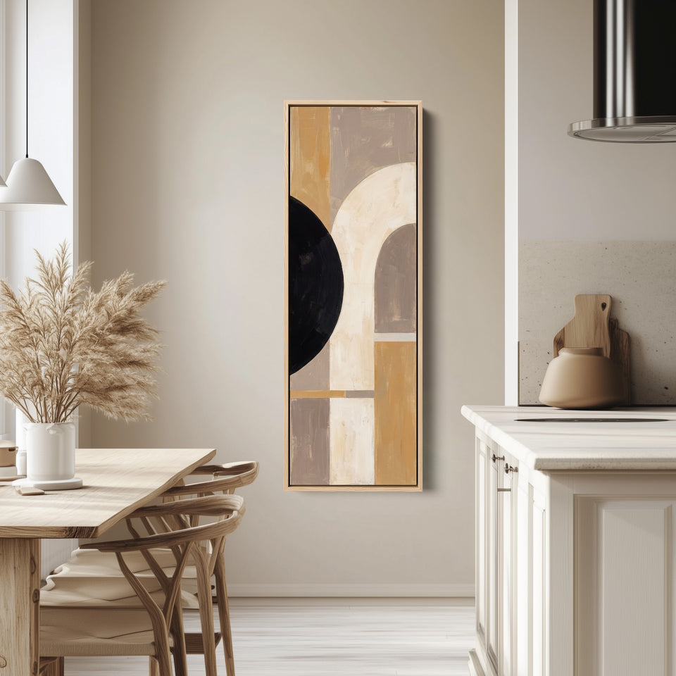 Neutral Bauhaus Arches Tall Narrow Wall Art for Hallway tall canvas in an oak frame, hung in a bright kitchen