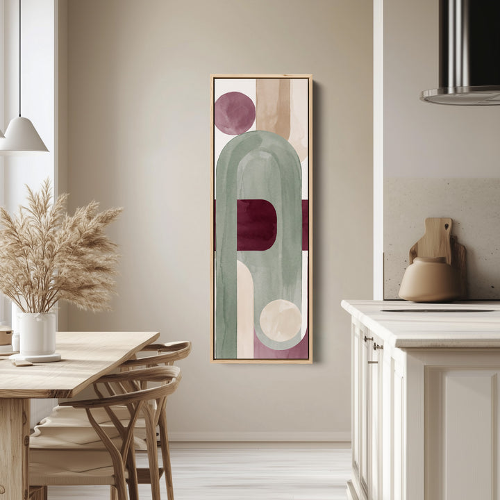 Soft Modern Sage Arch Vertical Wall Art with Burgundy Accent for Living Room tall canvas in an oak frame, hung in a bright kitchen