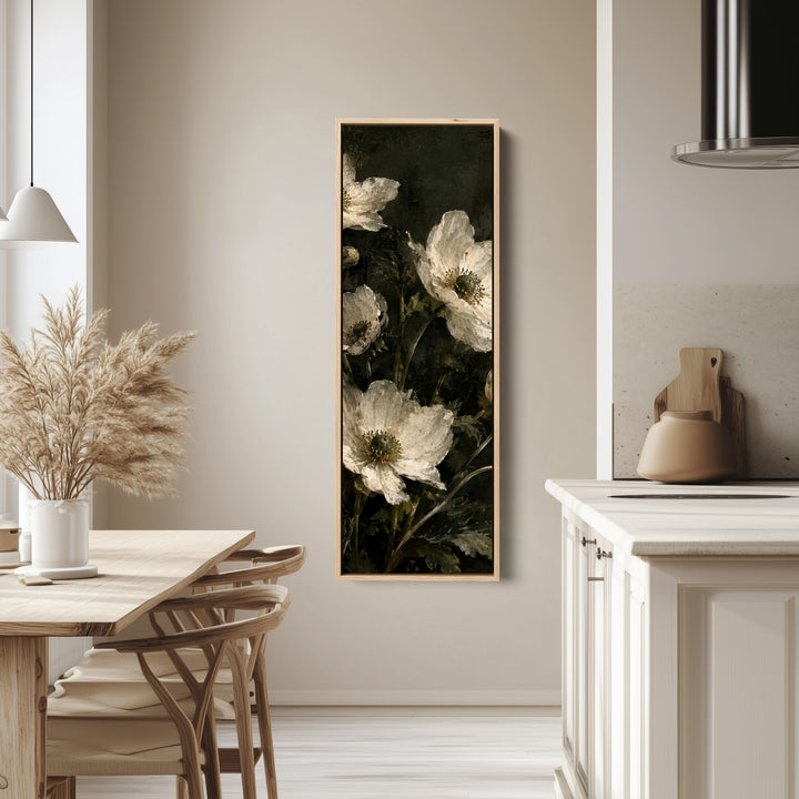Tall Narrow Wall Art White Anemones Vintage Still Life for Dining Room tall canvas in an oak frame, hung in a bright kitchen