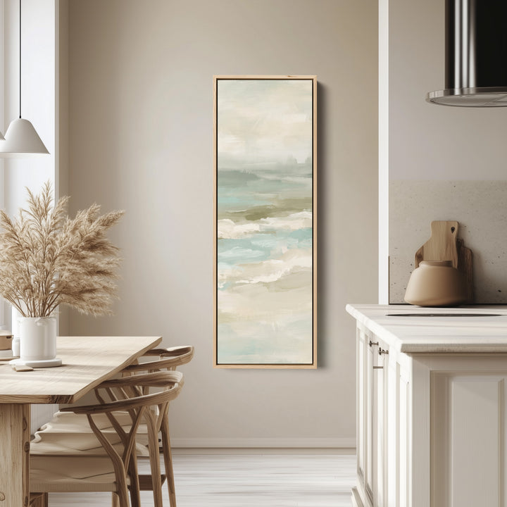 Hallway Wall Art Tall Narrow Misty Seascape in Sage and Sand tall canvas in an oak frame, hung in a bright kitchen