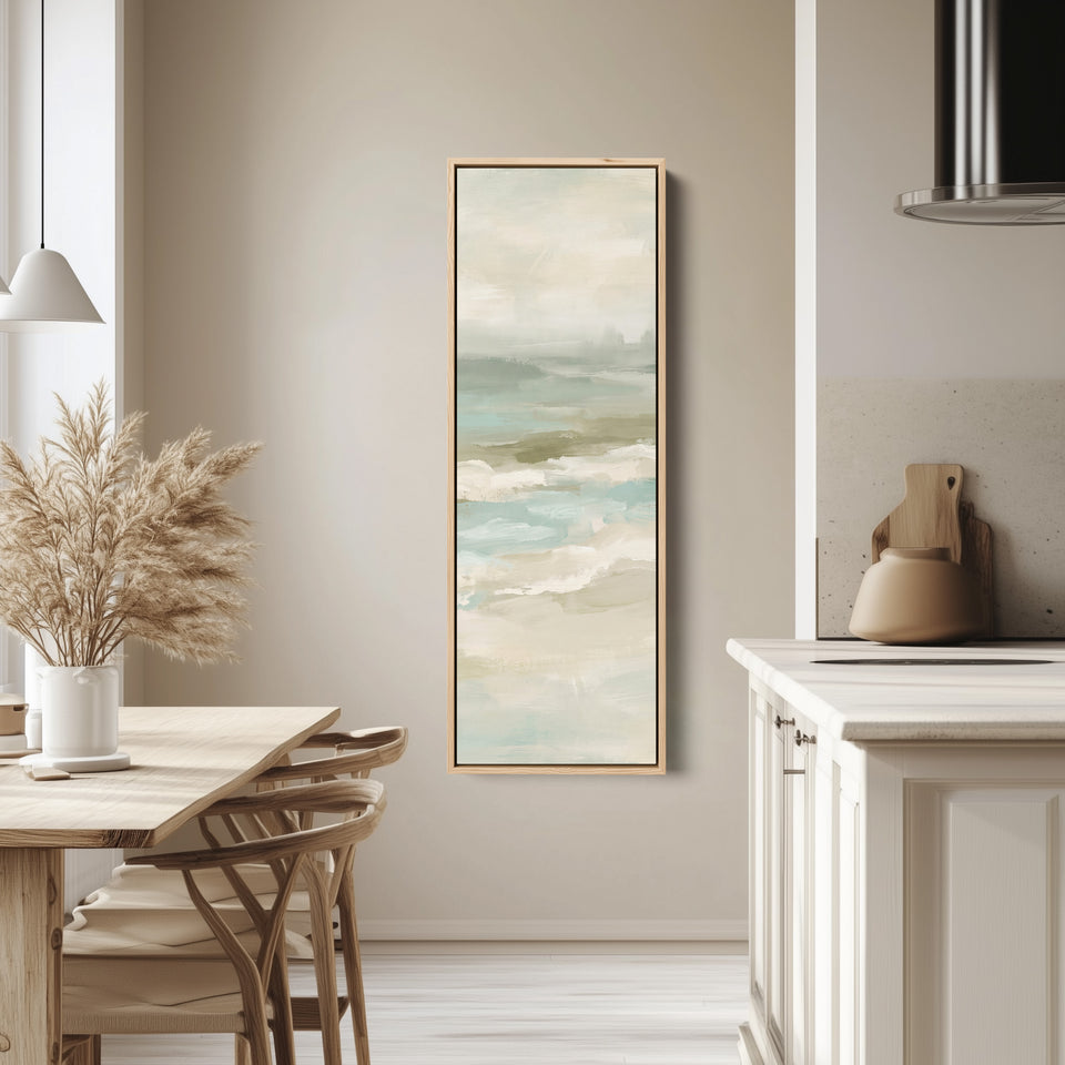 Hallway Wall Art Tall Narrow Misty Seascape in Sage and Sand tall canvas in an oak frame, hung in a bright kitchen