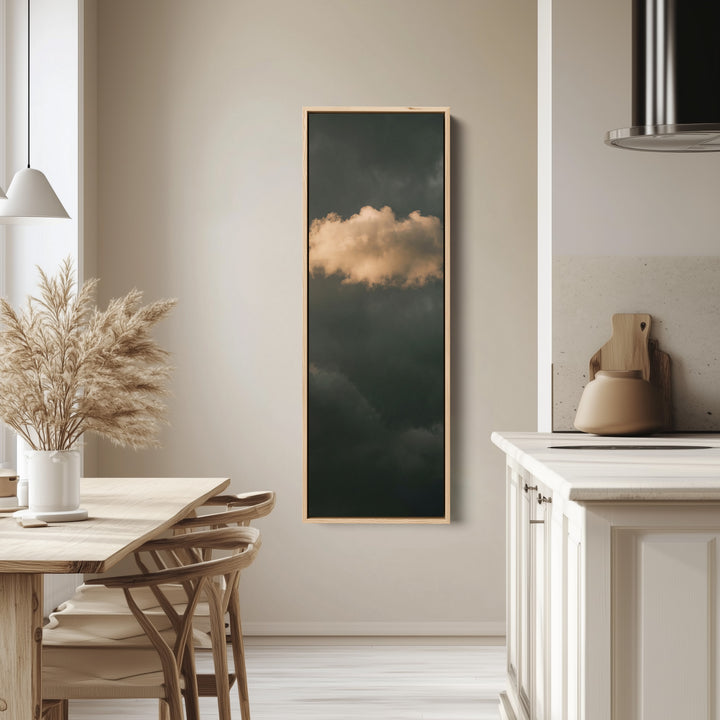 Golden Cloud on Dark Green Tall Narrow Wall Art for Living Room tall canvas in an oak frame, hung in a bright kitchen