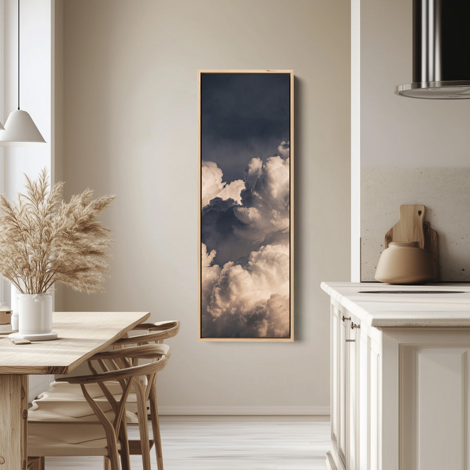 Dramatic Storm Clouds at Dusk Vertical Wall Art for Hallway tall canvas in an oak frame, hung in a bright kitchen