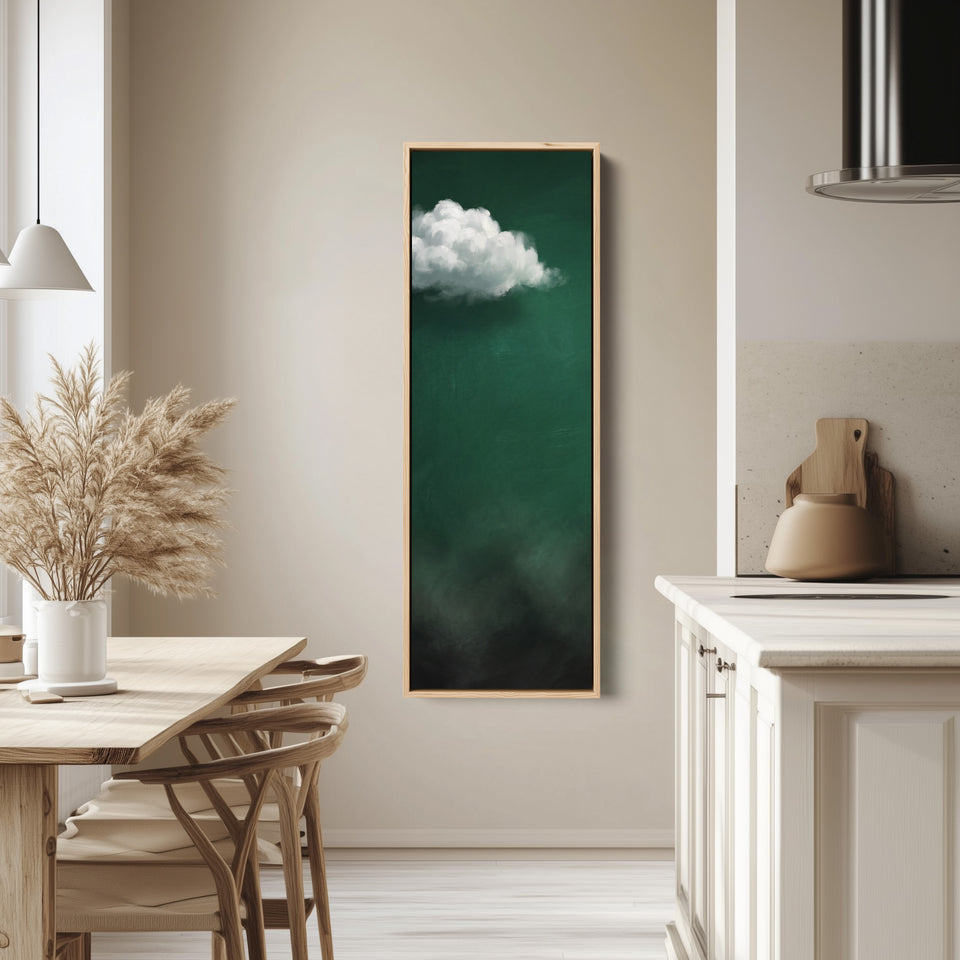 Living Room Wall Art Tall White Cloud on Emerald Green tall canvas in an oak frame, hung in a bright kitchen