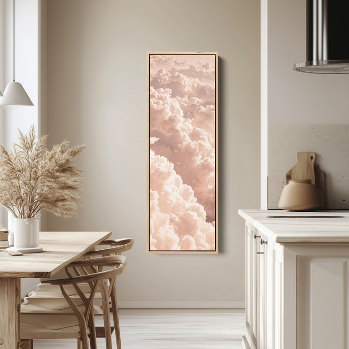 Long Narrow Wall Art Blush Pink Cloudscape for Bedroom tall canvas in an oak frame, hung in a bright kitchen