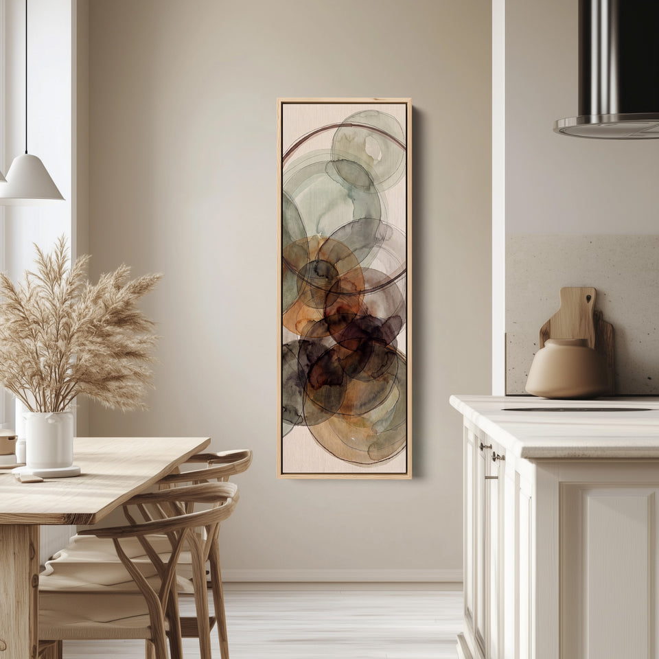 Tall Wall Art Rust and Sage Watercolor Circles Abstract for Dining Room tall canvas in an oak frame, hung in a bright kitchen