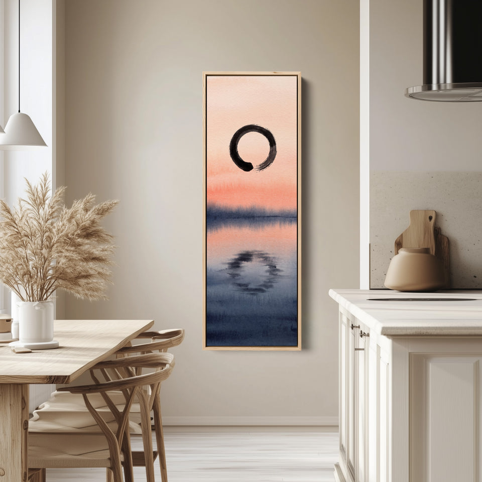 Enso Circle Over a Sunset Lake Tall Narrow Wall Art Japanese Style tall canvas in an oak frame, hung in a bright kitchen