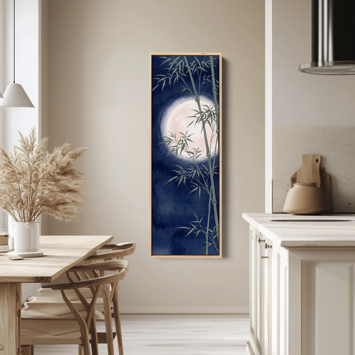 Peaceful Japanese Bamboo and Full Moon Vertical Wall Art for Bedroom tall canvas in an oak frame, hung in a bright kitchen
