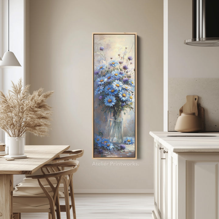 Blue Daisies Vertical Tall Wall Art Large Framed Canvas