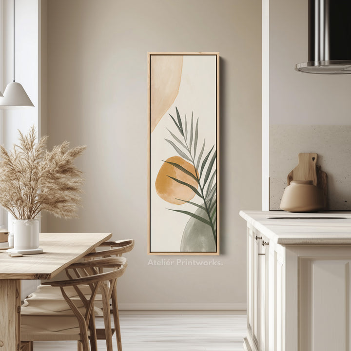 Vertical Beige & Green Botanical Abstract Long Framed Canvas