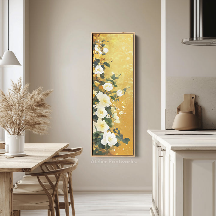 Vertical White & Gold Floral Long Framed Canvas Decor