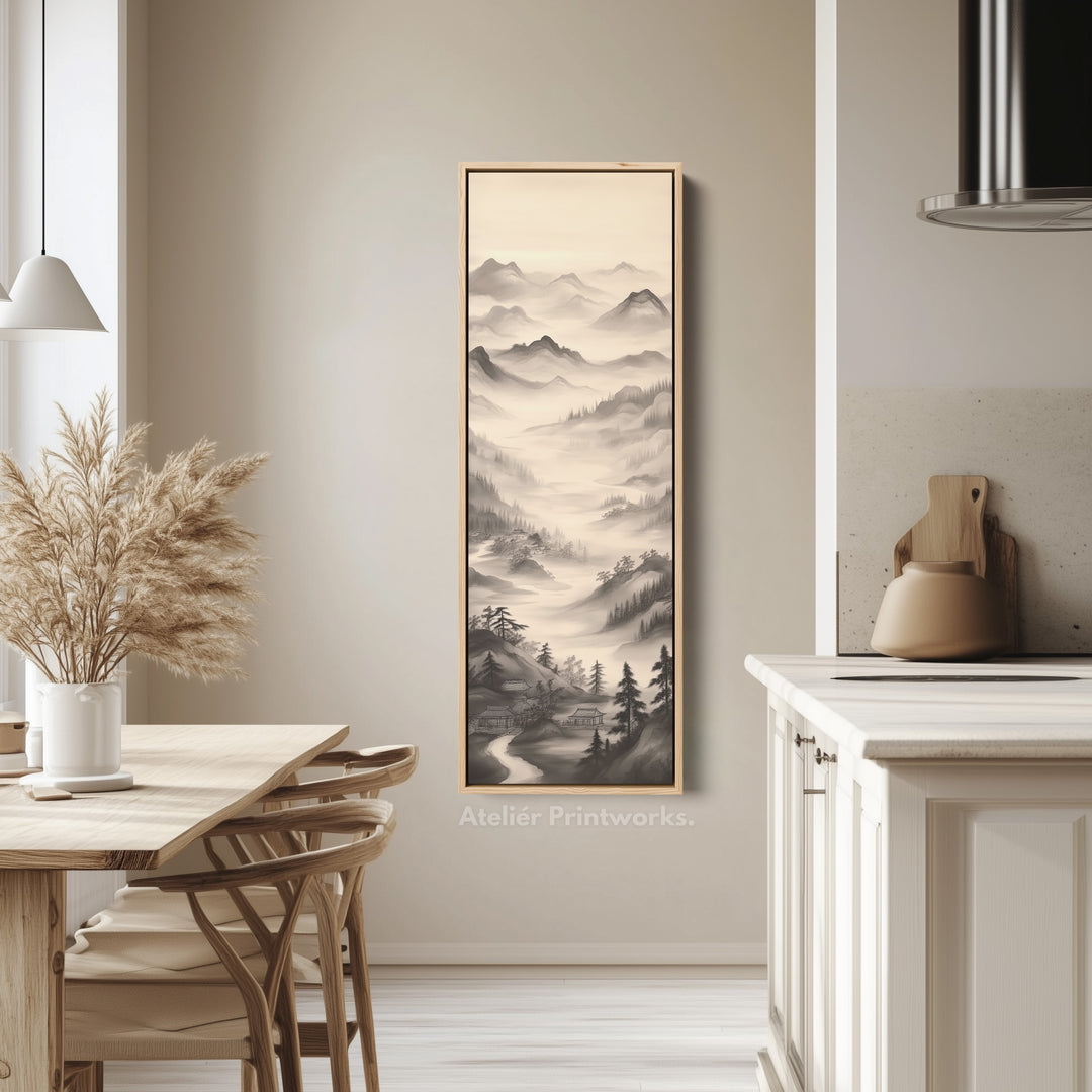 Vertical Chinese Landscape Painting Long Framed Canvas Decor
