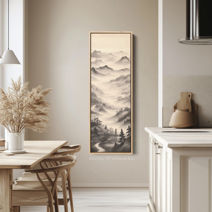 Vertical Chinese Landscape Painting Long Framed Canvas Decor