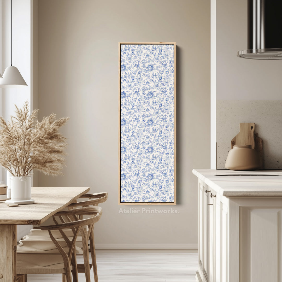 Vertical Floral Long Wall Art Blue & White Peonies