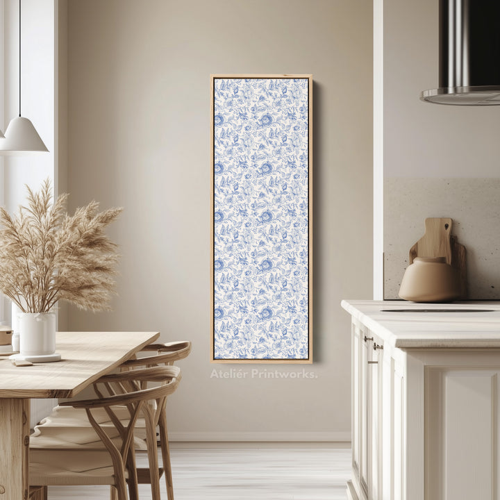 Vertical Floral Long Wall Art Blue & White Peonies