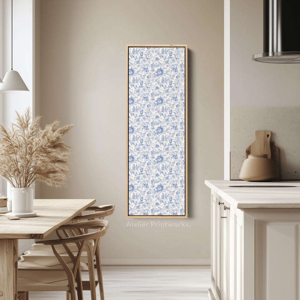 Vertical Floral Long Wall Art Blue & White Peonies